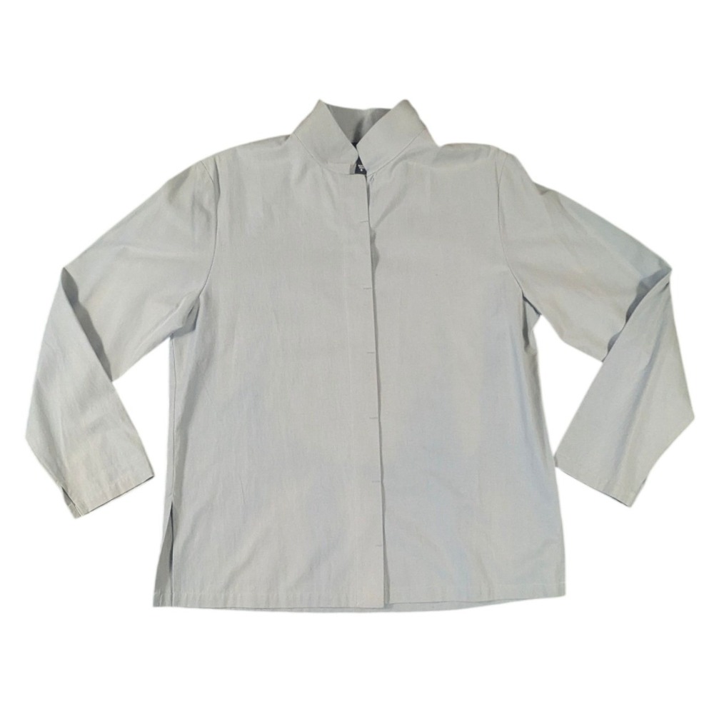 Eileen Fisher Grey Mandarin Collar Hidden Button Down Shirt Blouse Small Silk